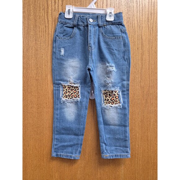 Light Wash Distressed Denim with Leopard 4T Kids all sizes - Picture 3 of 6